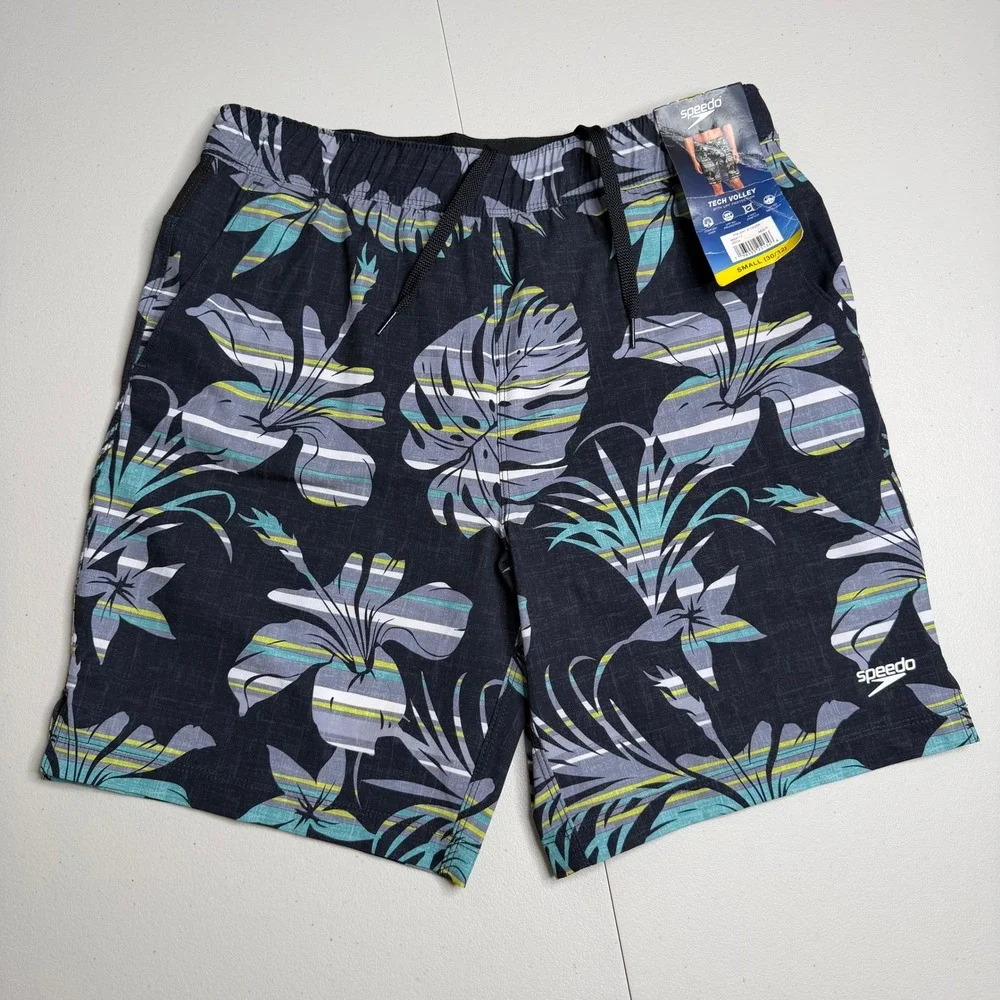 Speedo Mens Small Tech Volley Swim Shorts Tropical Floral Navy New